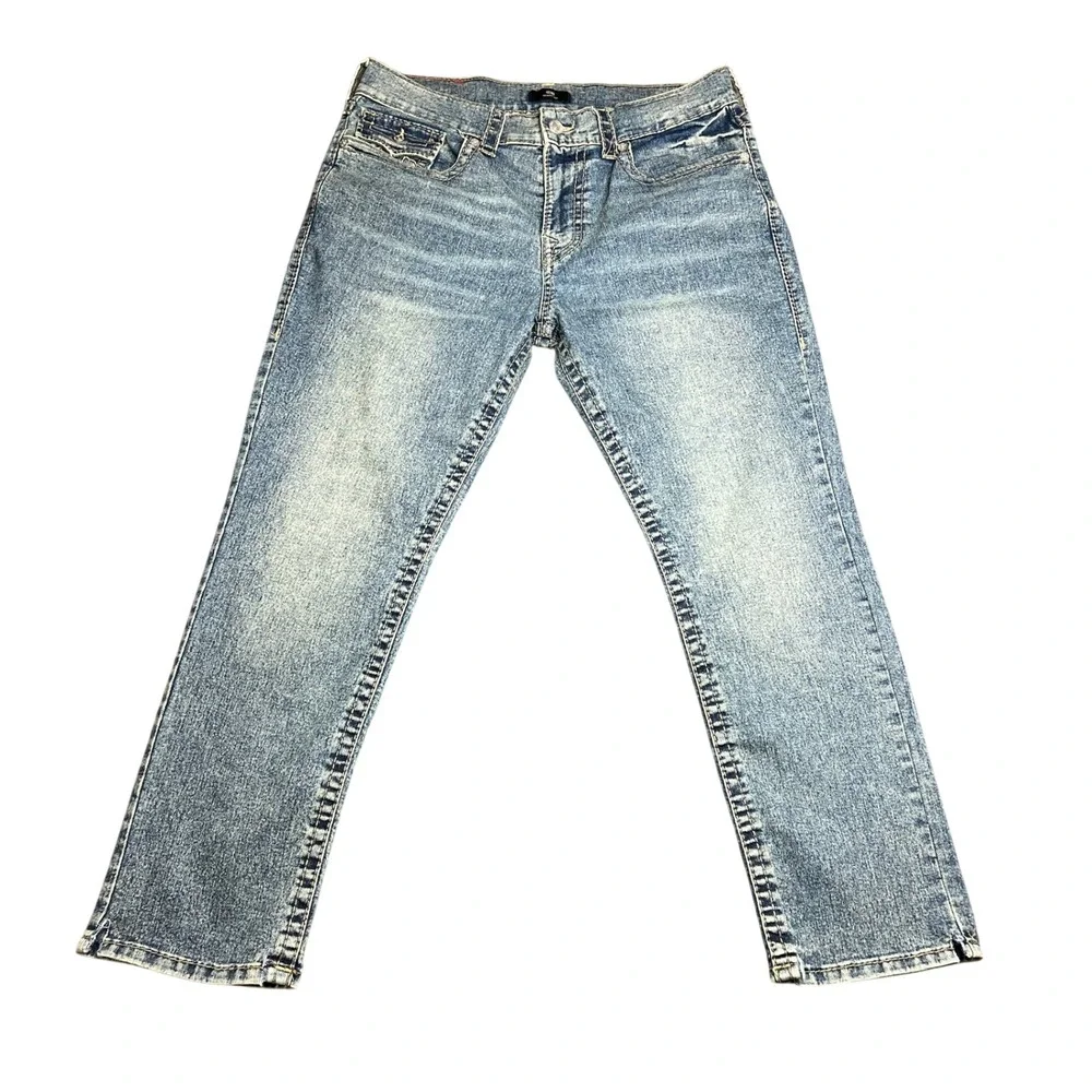 True Religion Mens 36 Geno Big T Flap Slim Jeans Light Wash Blue‎ 70219N30R1